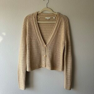 Vince Tan Crochet Cotton Cardigan Sweater V-Neck Cropped Beige Medium
